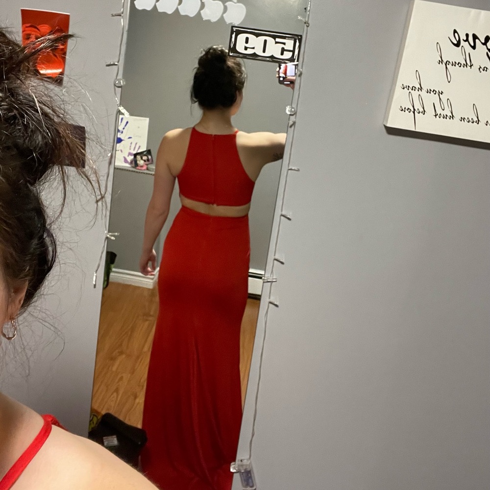Red floor length prom dress
